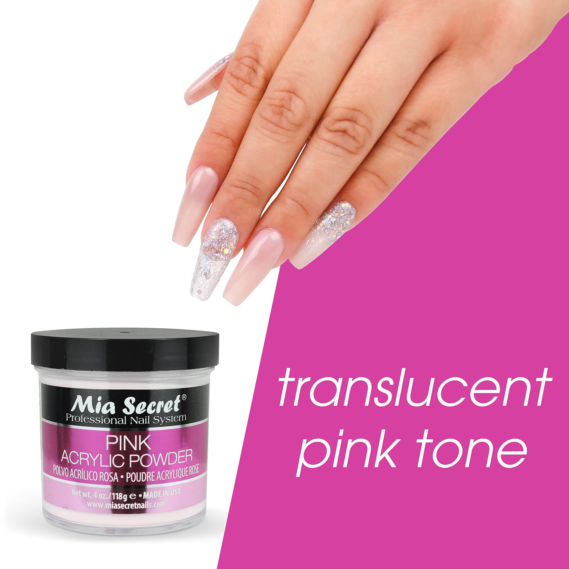 Authentic Mia Secret rose toned nail sculpting powder jar placed on a clean background for clear product identification.
