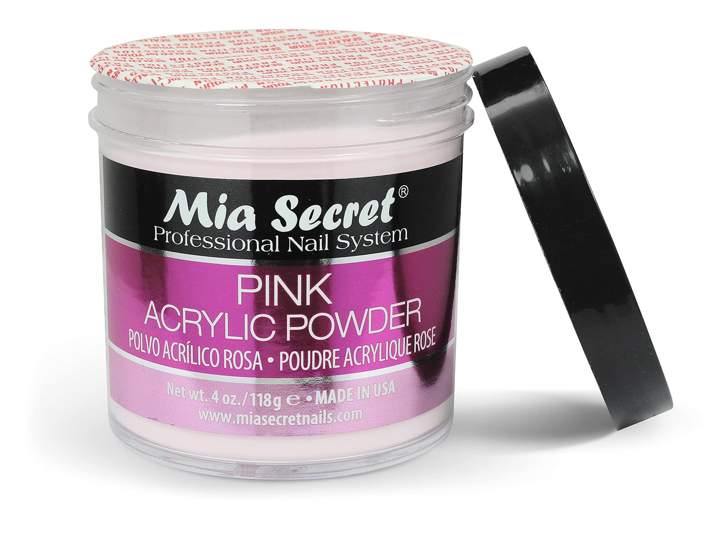 Mia Secret premium pink nail powder four ounce bottle highlighting the self leveling and non yellowing features.