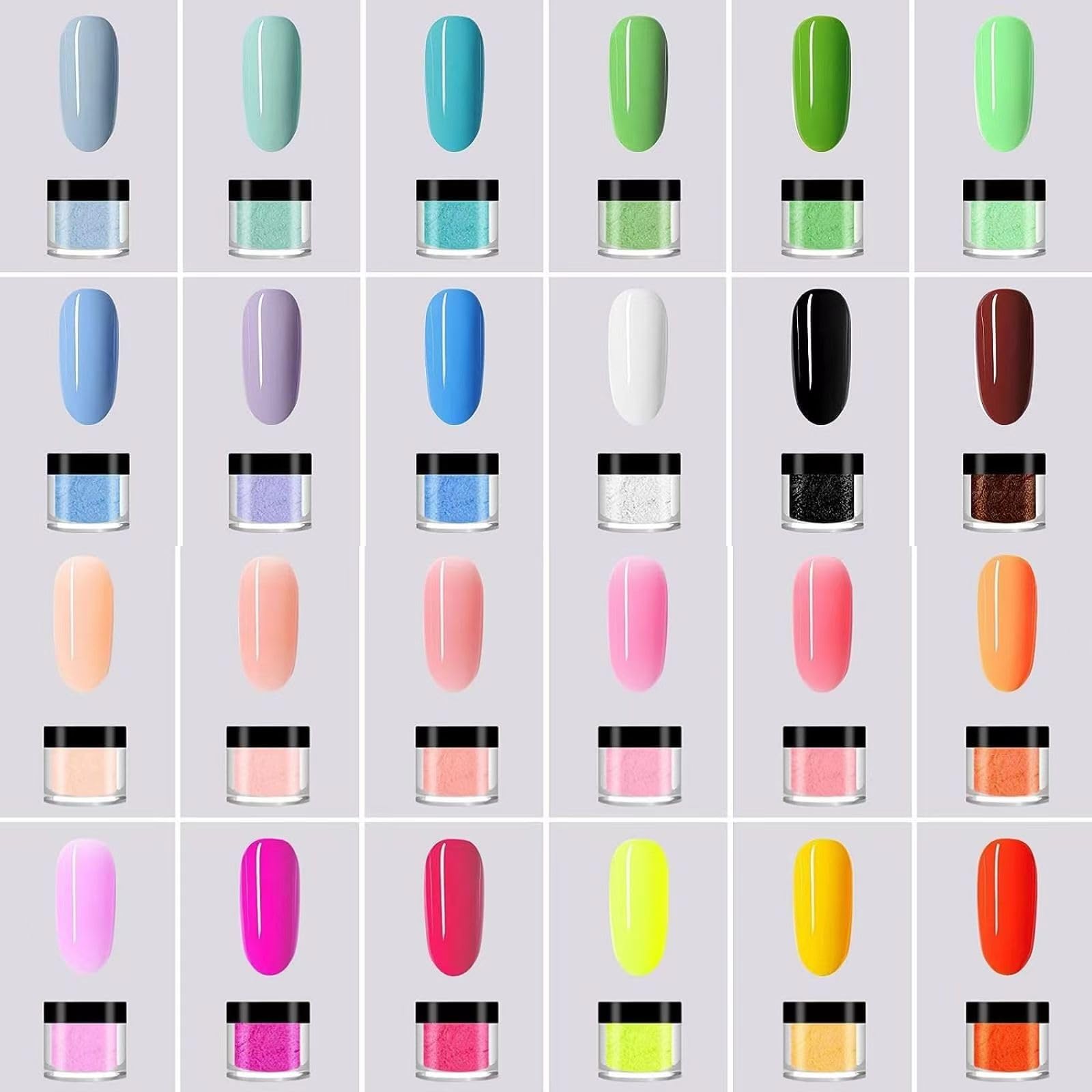 Close up of vibrant colored acrylic nail powder jars