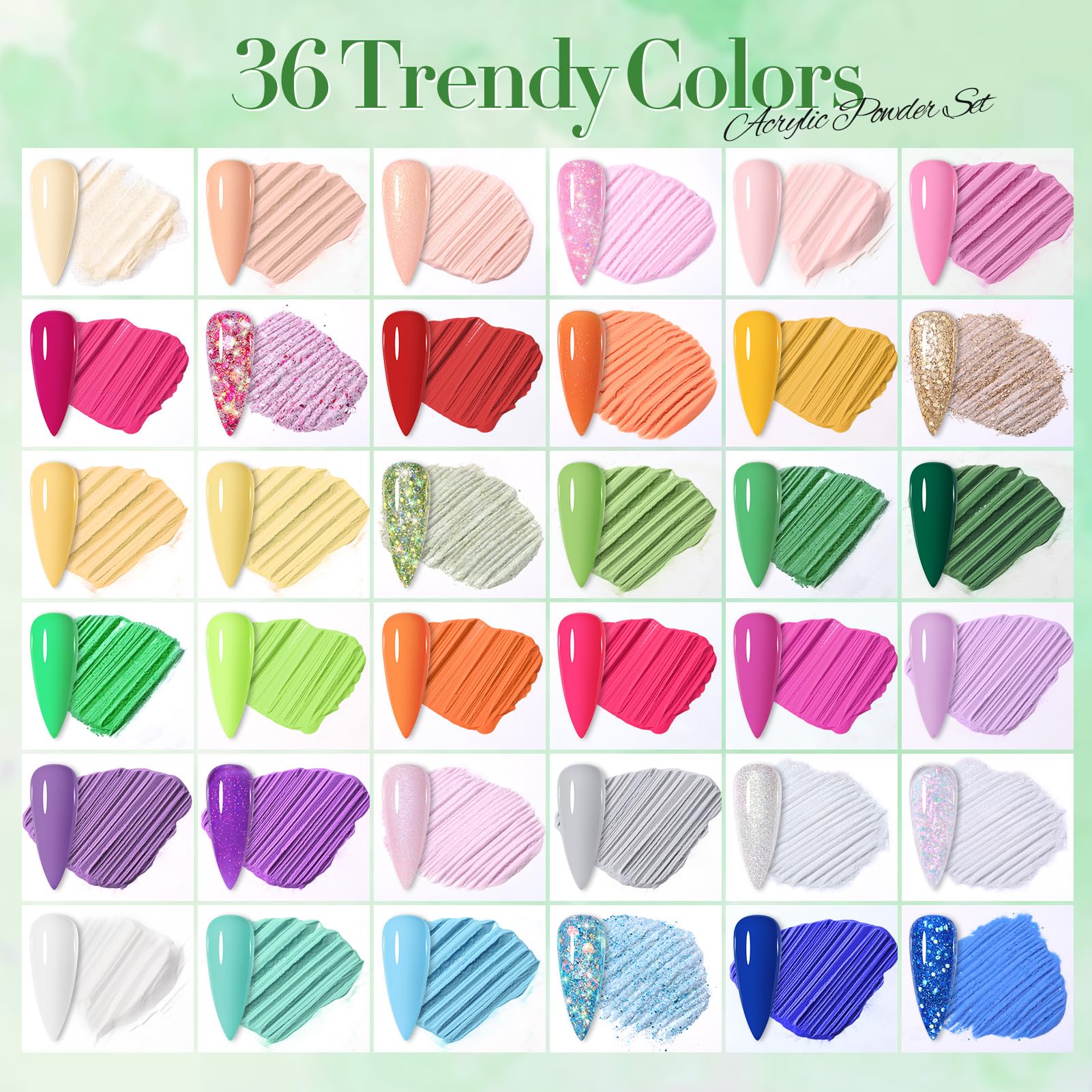 Collection of 36 pastel and glitter acrylic nail powders