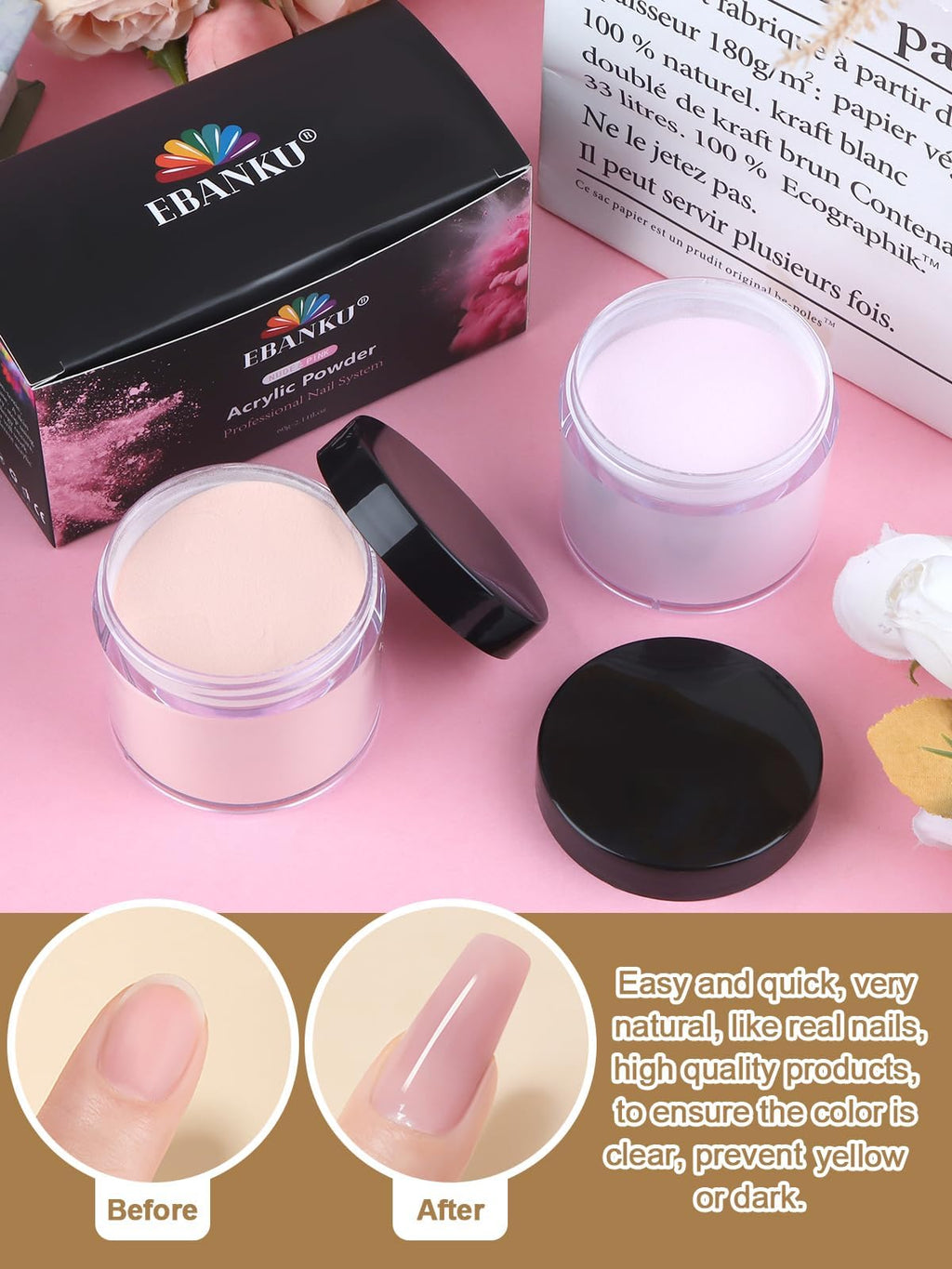 Ebanku acrylic nail powder jars showing nude and pink color shades