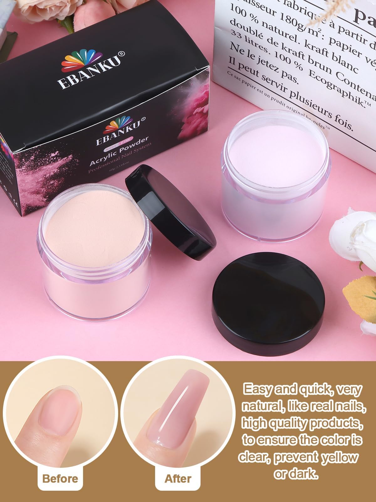 Two jars of Ebanku acrylic powder for nail extensions