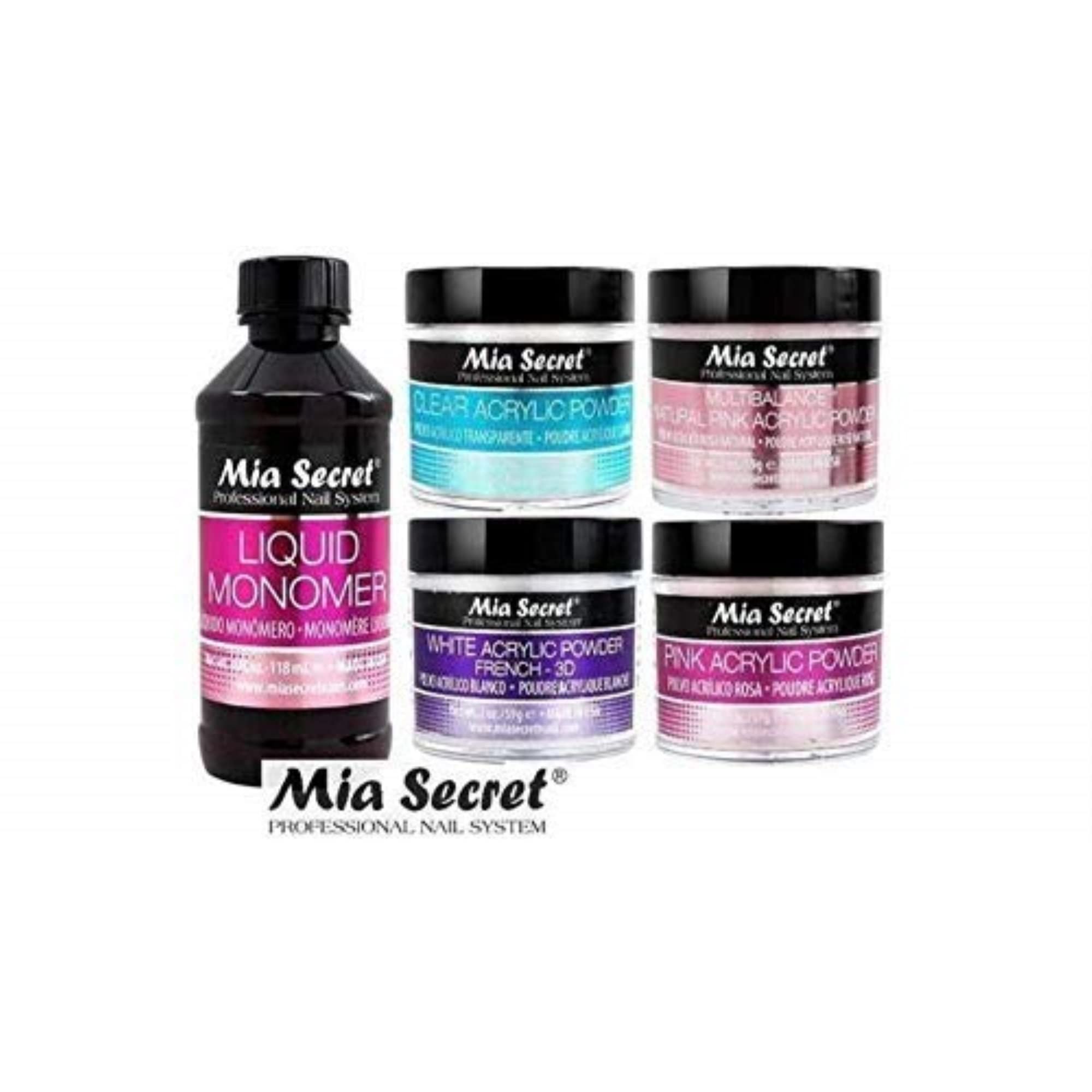 Mia Secret four ounce liquid monomer bottle alongside pink clear white and multibalance acrylic powders