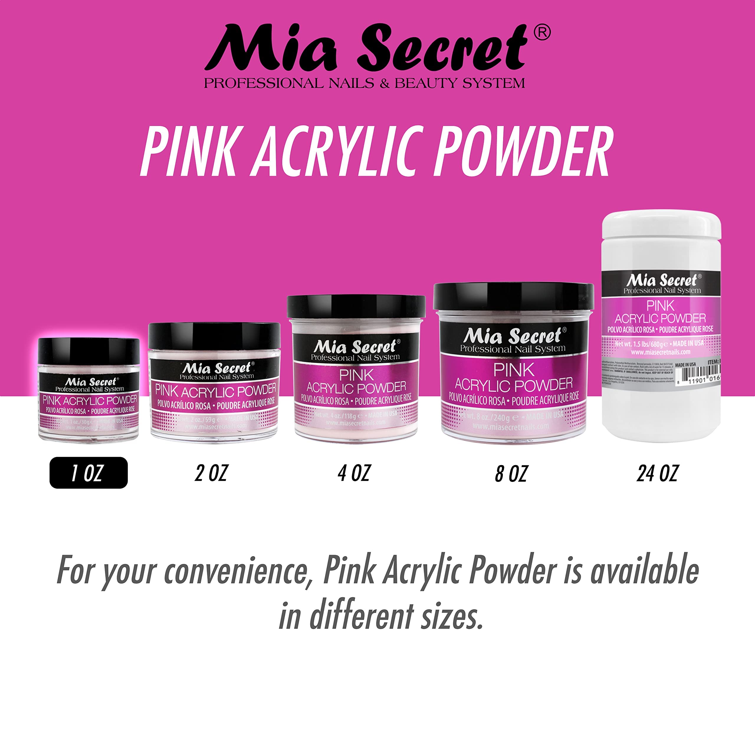 Mia Secret pink acrylic polymer powder jar showing professional packaging