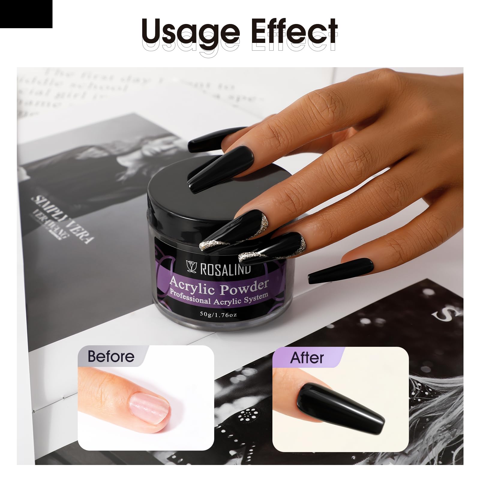 Close up of Rosalind black acrylic nail powder container