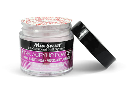 Mia Secret pink acrylic powder container displaying product label details
