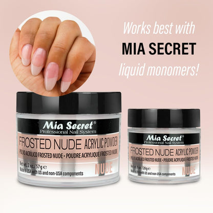 Manicure showing Frosted Nude acrylic powder finish