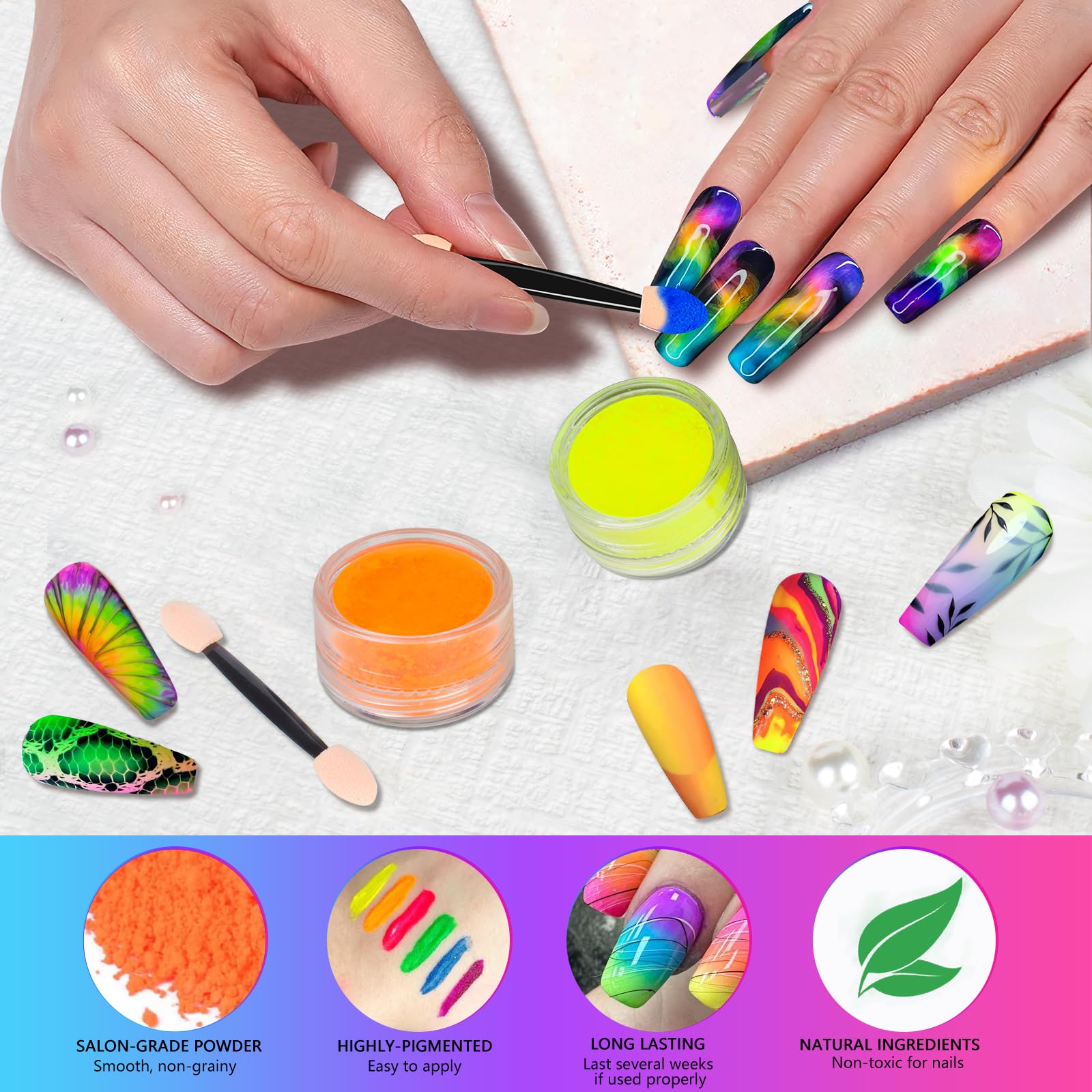 Close up of vibrant fluorescent rainbow resin pigment swatches