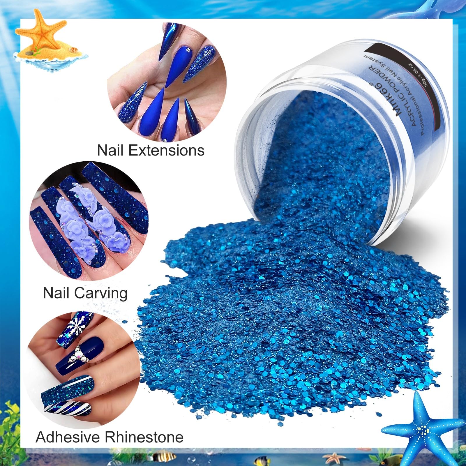 Close up of Mnk66 blue glitter acrylic nail powder texture