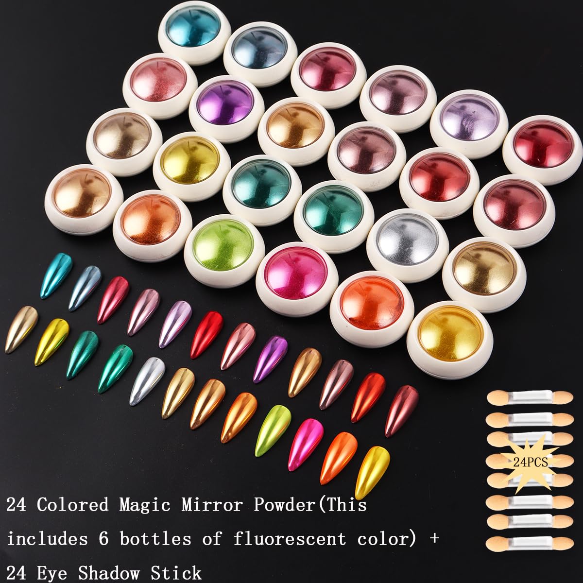 Chrome nail powder set with 24 application sticks