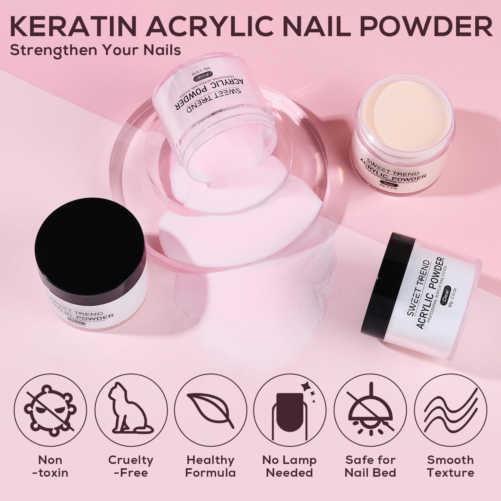 Four jars of Sweet Trend clear white pink and nude acrylic powder