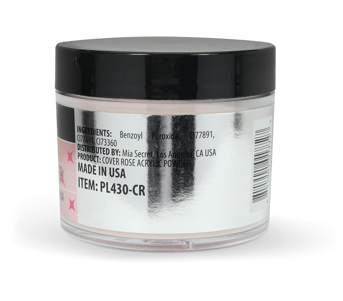 Two Ounce jar of Mia Secret opaque pink polymer nail powder on a white background