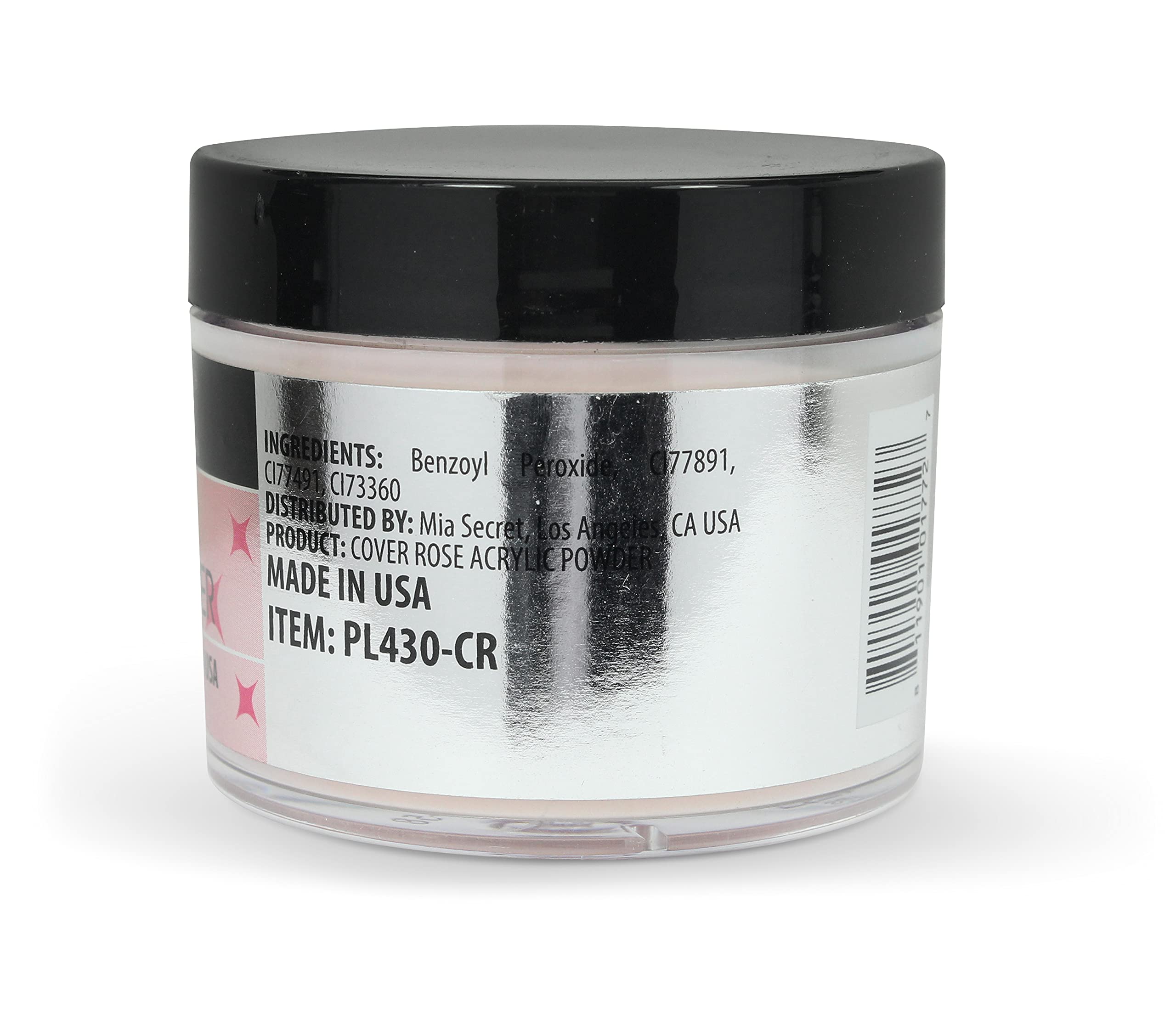 Two Ounce jar of Mia Secret opaque pink polymer nail powder on a white background