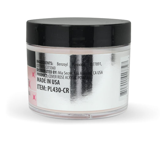 Two Ounce jar of Mia Secret opaque pink polymer nail powder on a white background