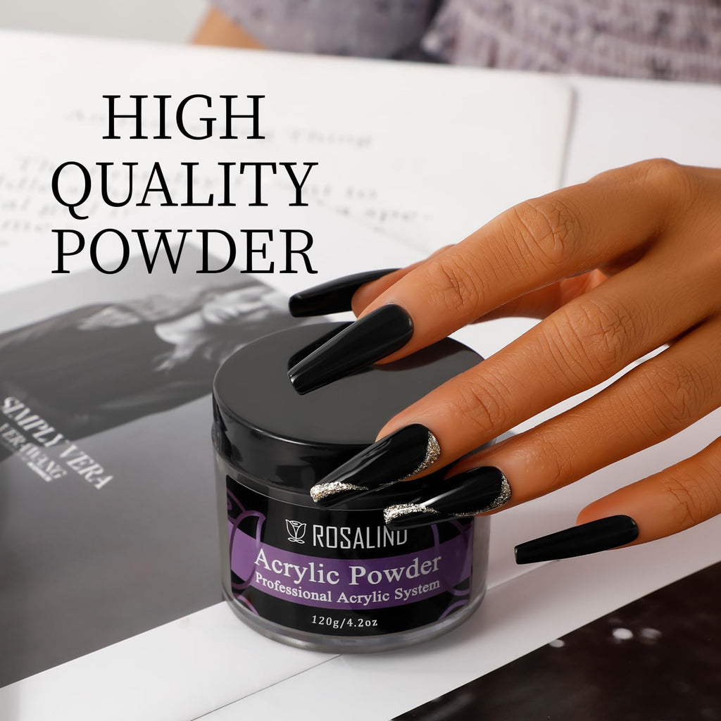 Air-cured black acrylic nail extensions showing glossy finish and durability