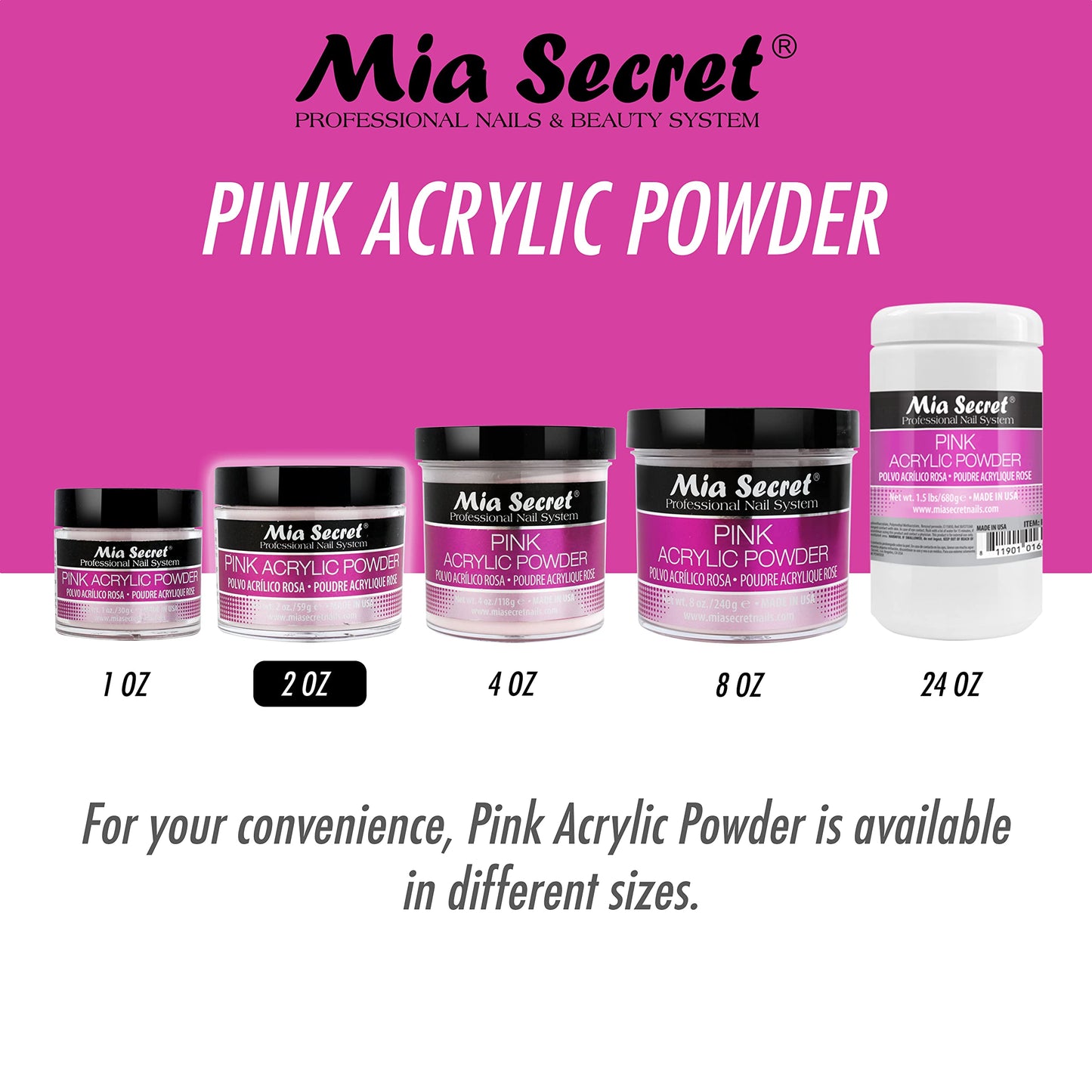 Mia Secret 2 Ounce pink polymer powder for professional nail extensions.