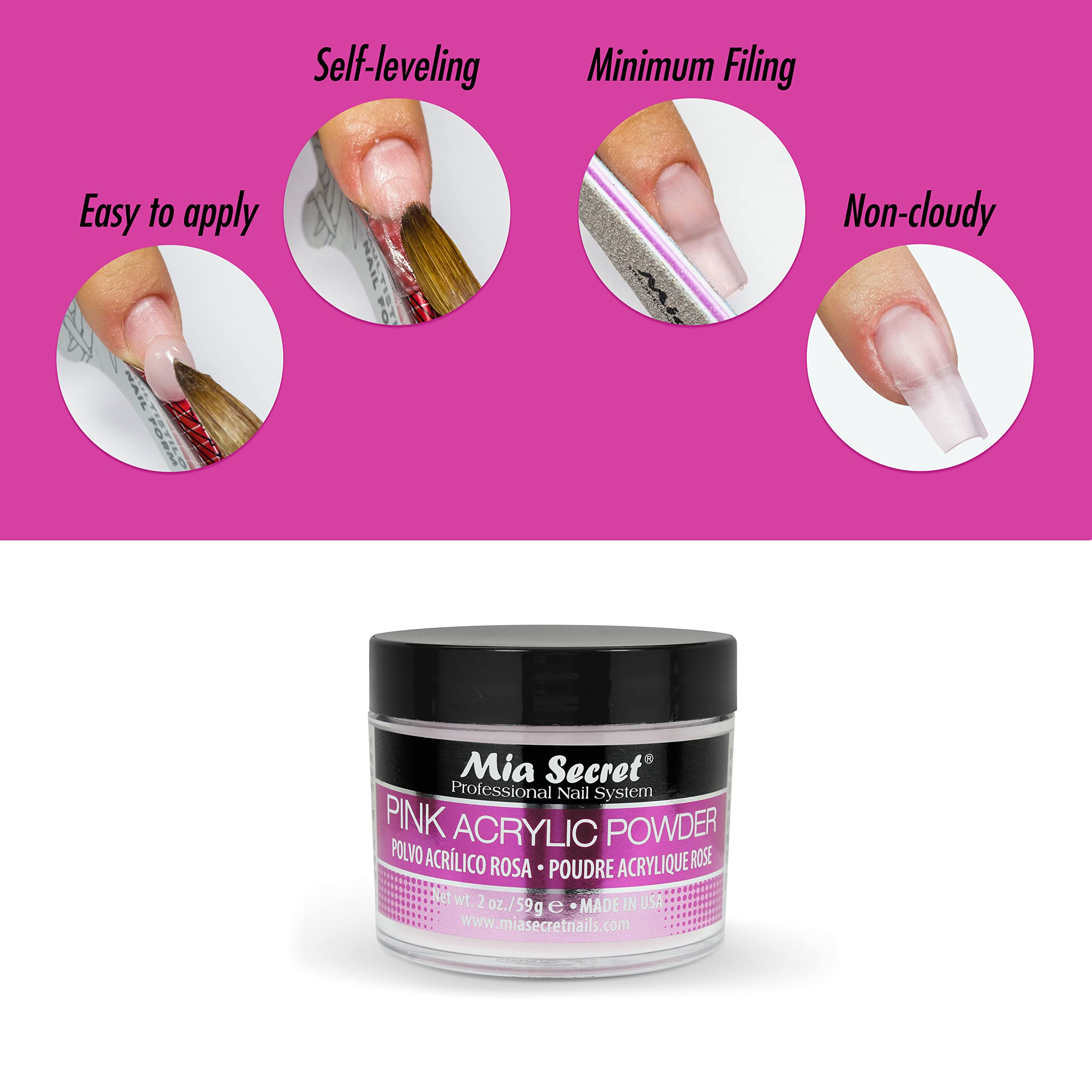 Mia Secret professional acrylic system nail powder packaging details close up.