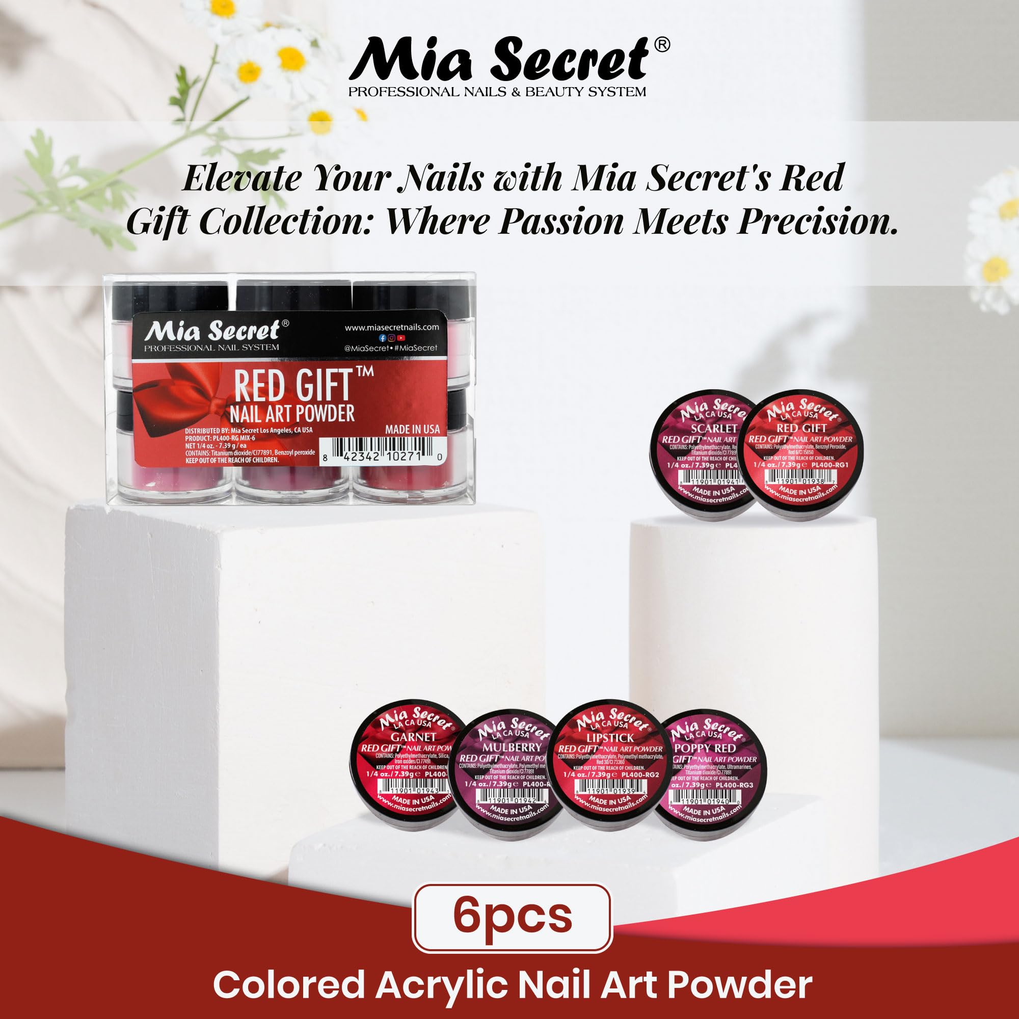 Six jars of Mia Secret Red Gift acrylic nail powder collection