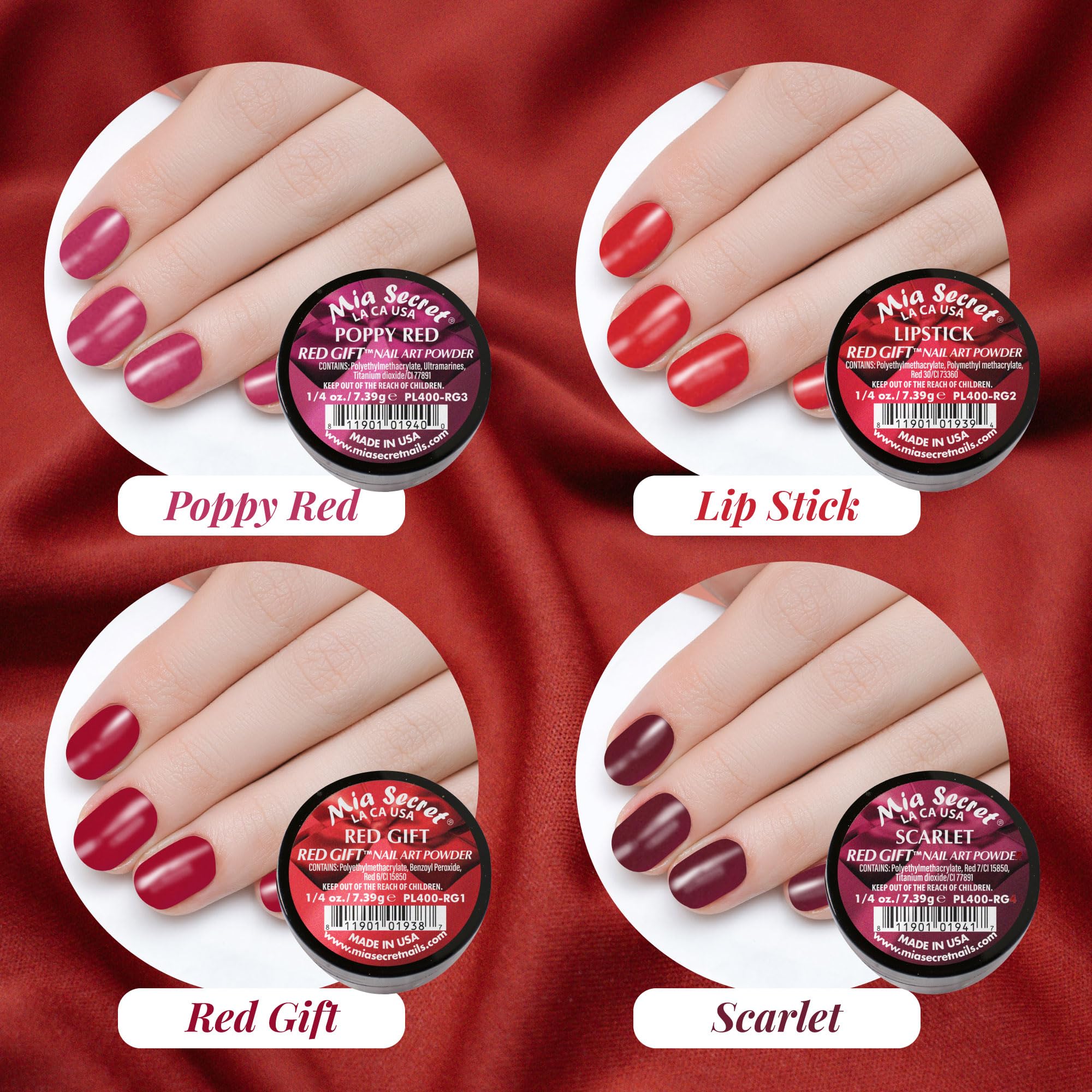 Close up of Mia Secret Red Gift professional nail art powder jars