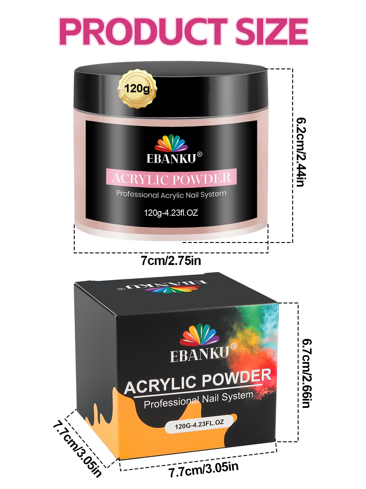 Ebanku 60g acrylic powder jar next to professional manicure tools