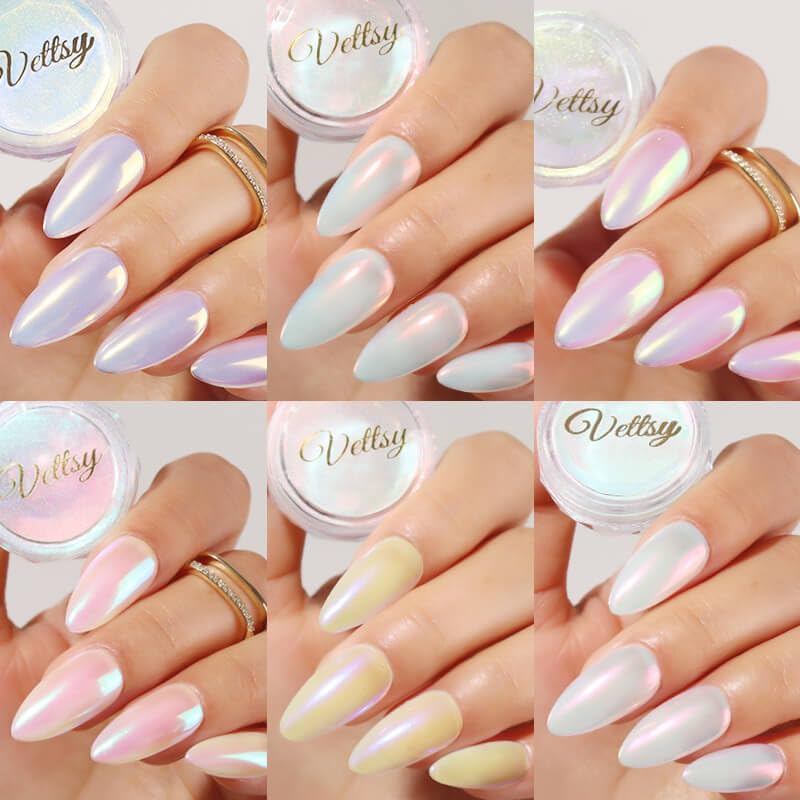 Close up of pearlescent chrome powder mirror effect on nails