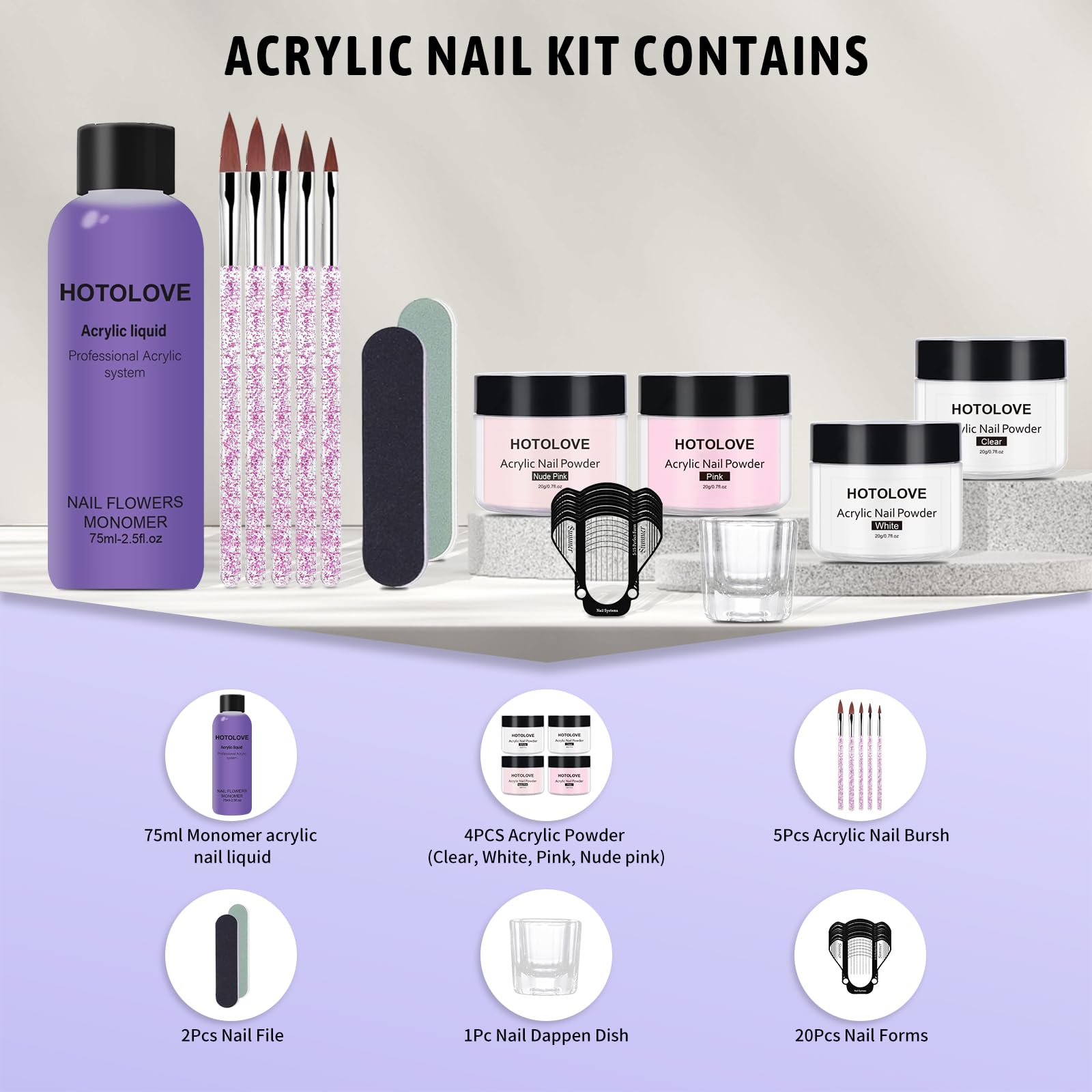 Hotolove professional acrylic nail extension kit contents