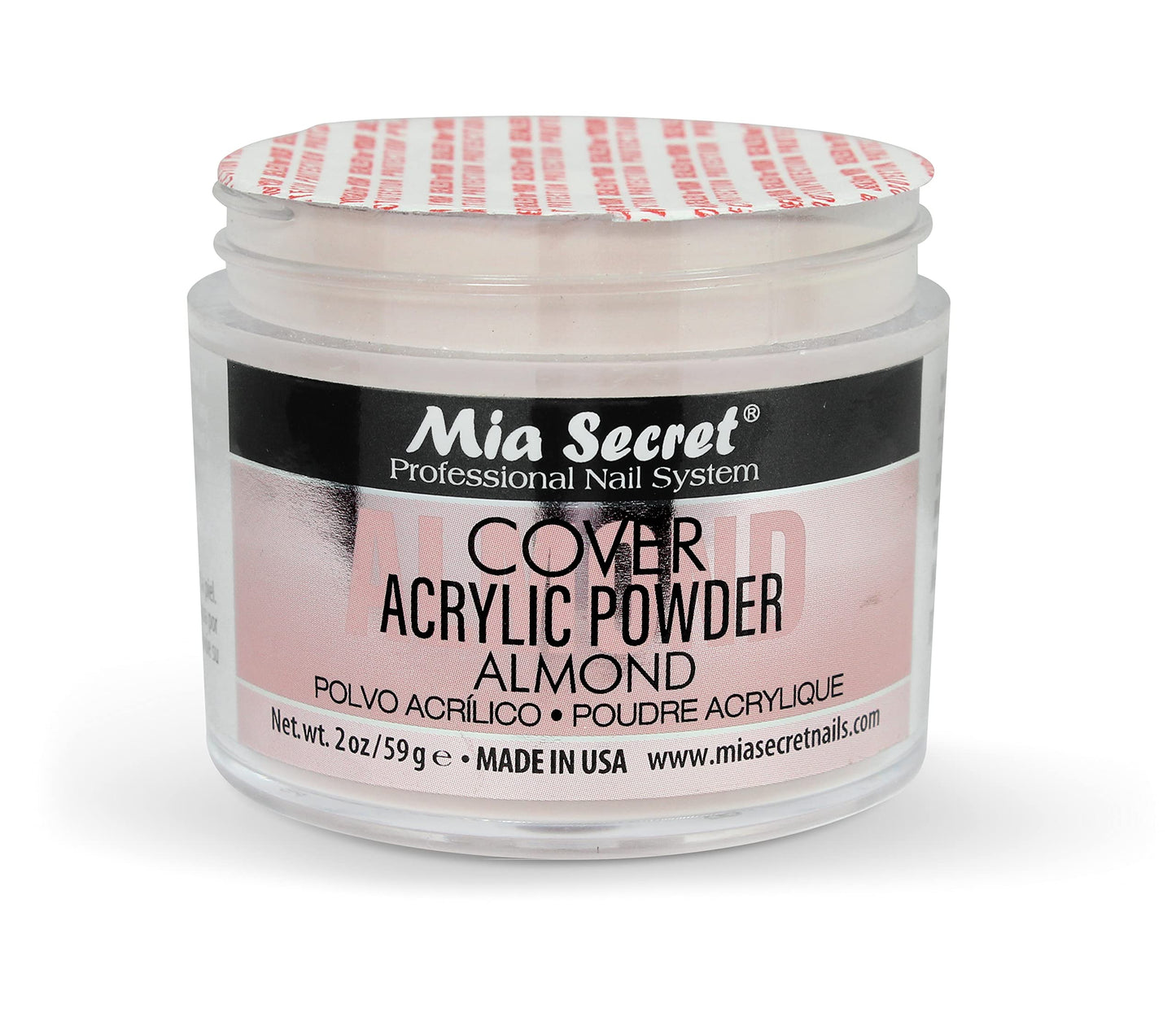 Side view of Mia Secret Acrylic Powder Cover Almond jar