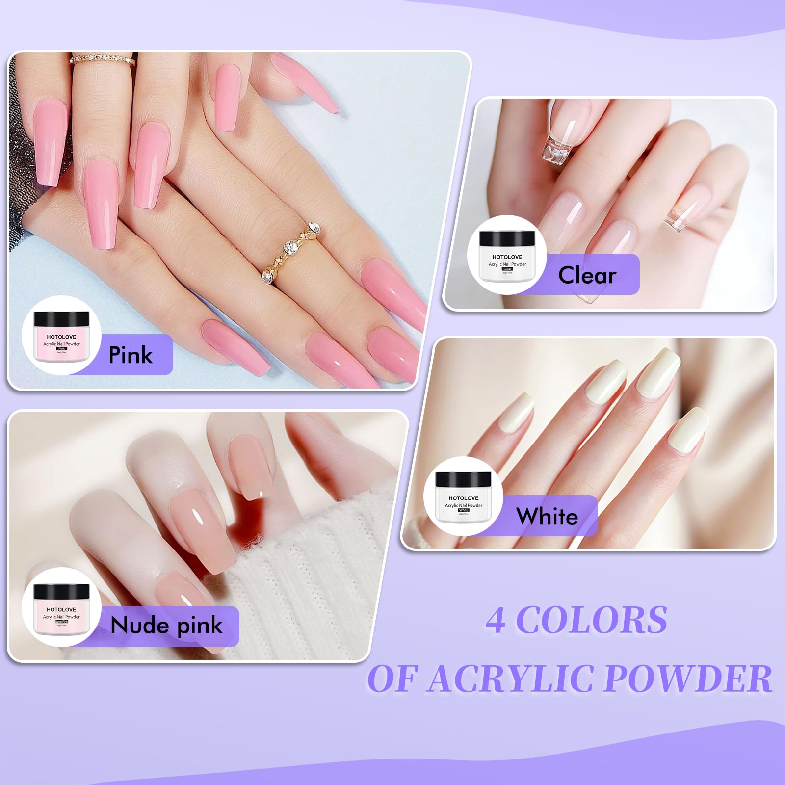 4 colors of Hotolove acrylic powder jars for nail art