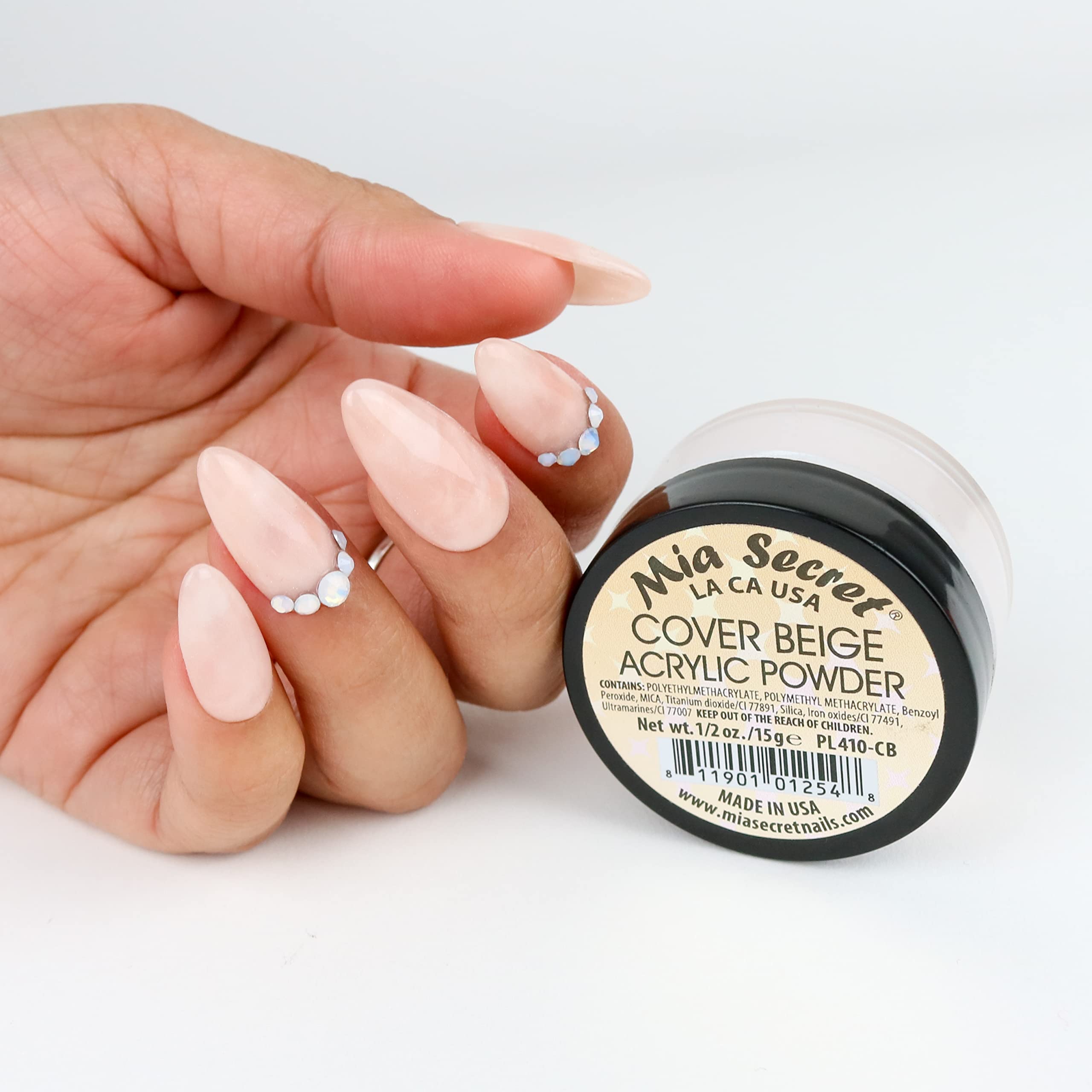 Professional MMA free beige acrylic powder jar showing authentic labels