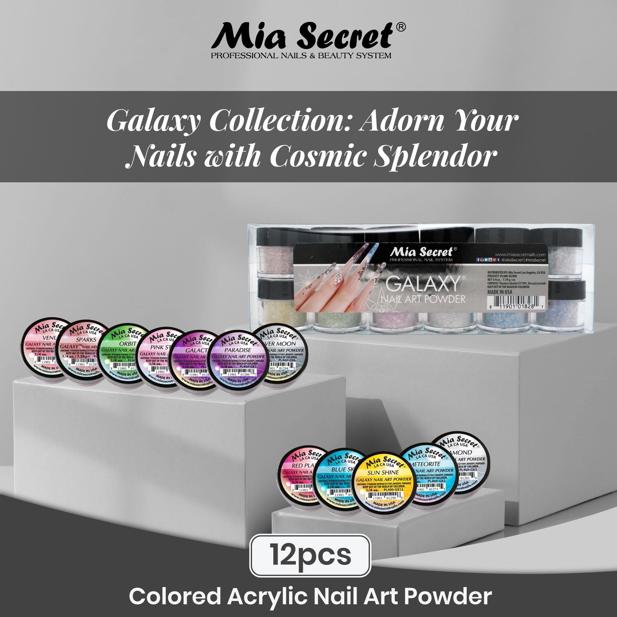 Mia Secret Galaxy acrylic glitter powders displaying twelve unique cosmic colors for nail design