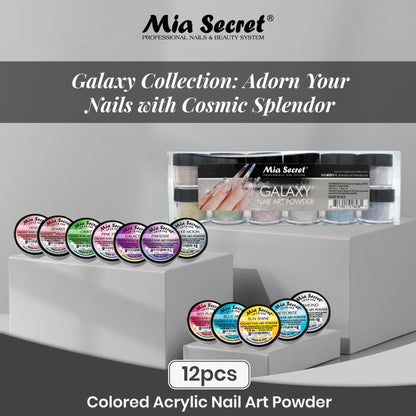Mia Secret Galaxy acrylic glitter powders displaying twelve unique cosmic colors for nail design