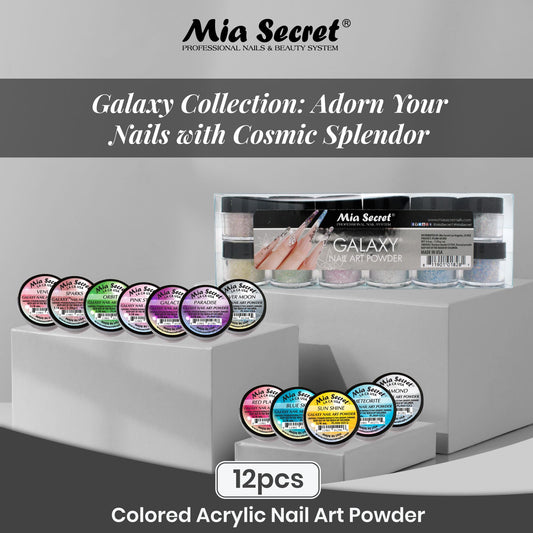 Mia Secret Galaxy acrylic glitter powders displaying twelve unique cosmic colors for nail design