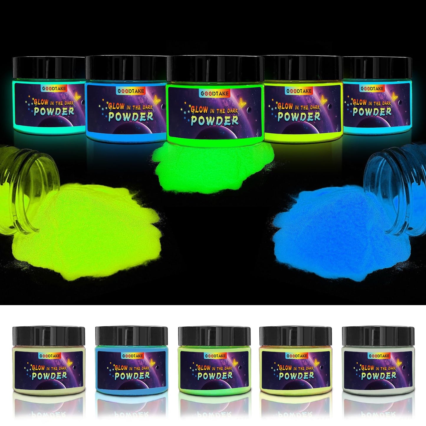 Instructional graphic showing glow powder light charging