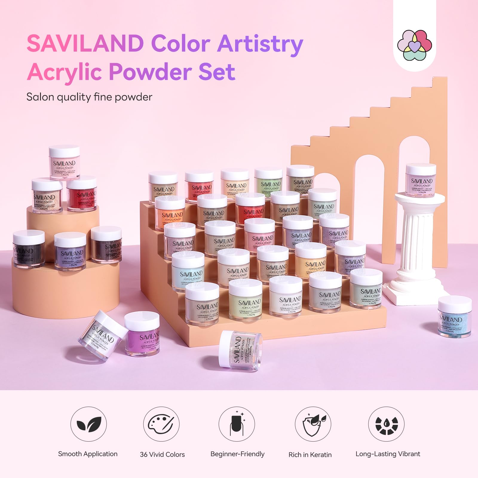 Close up of Saviland keratin professional acrylic nail powder pots.