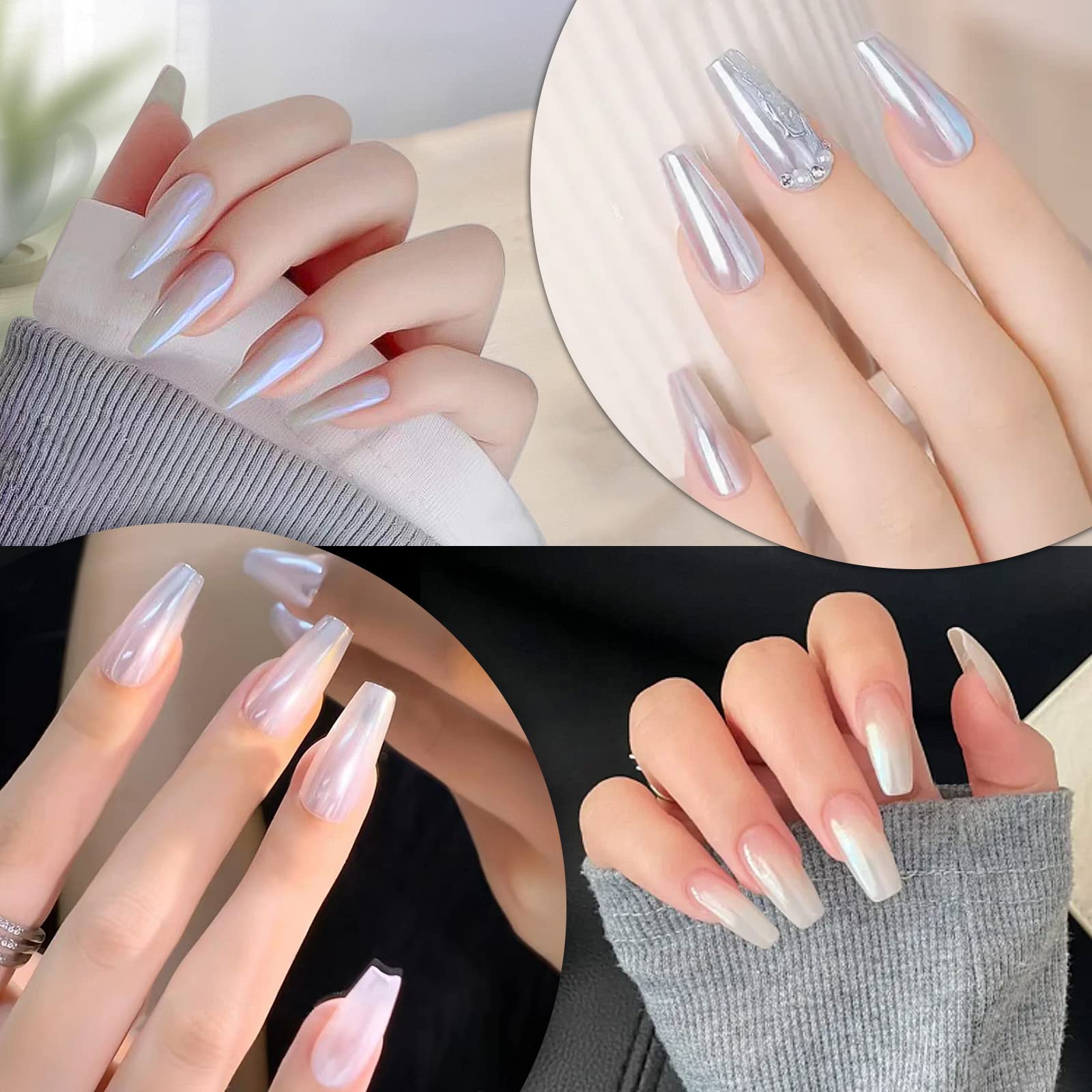 Application of pearl chrome powder on gel manicured nails