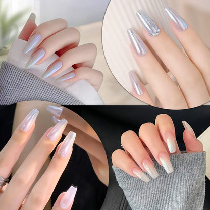 Application of pearl chrome powder on gel manicured nails