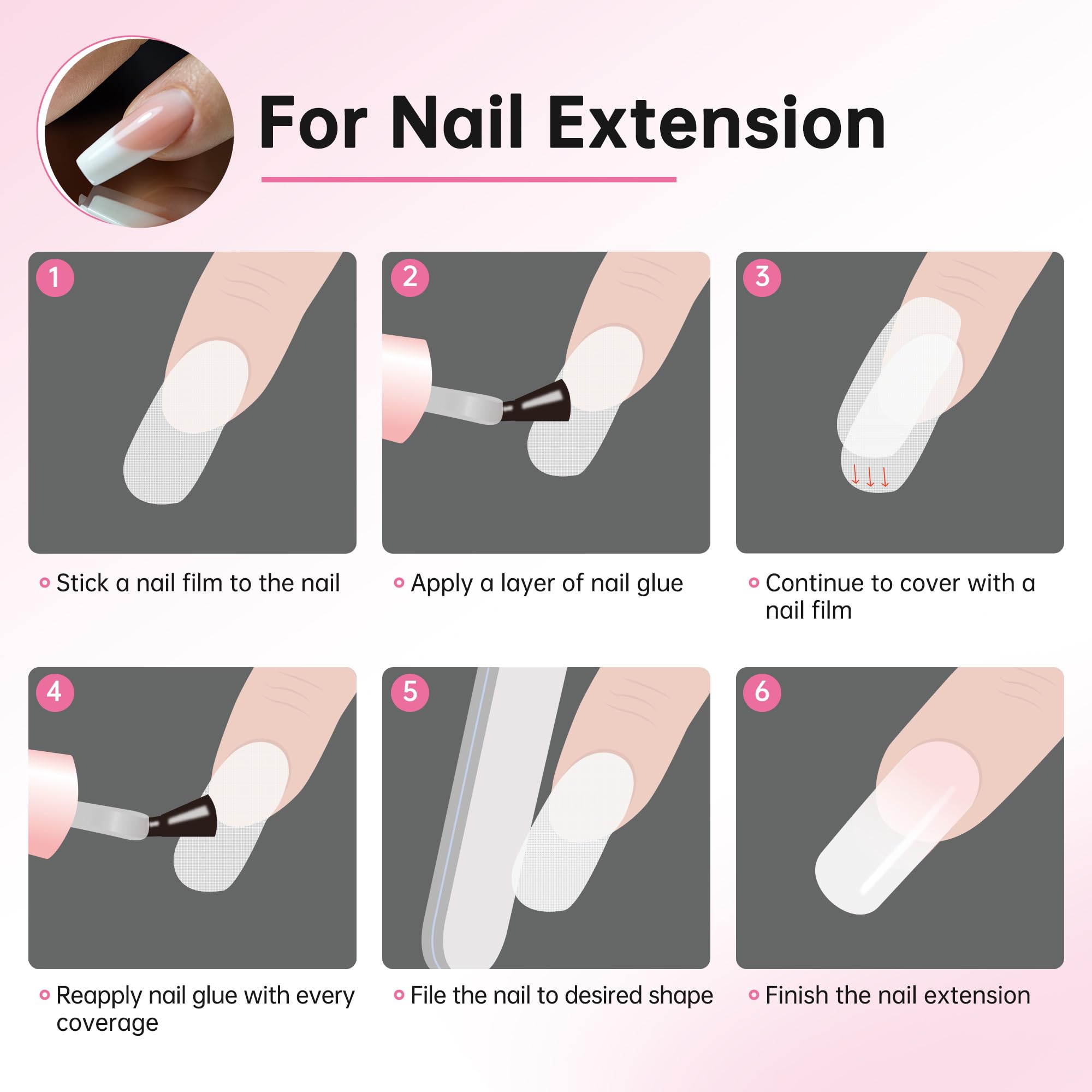 Step by step application of Chrontier silk wrap tape under UV gel acrylic manicure.