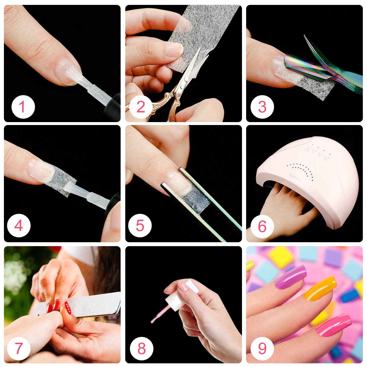 Trimming flexible fiberglass nail protector with professional scissors close up