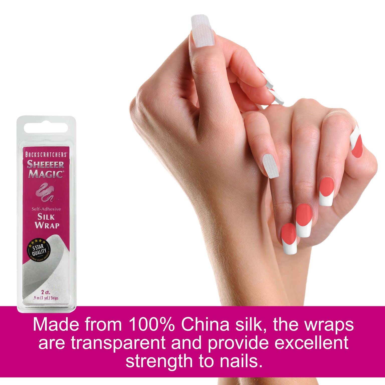Close up view of the fine texture of Backscratchers Sheeeer Magic adhesive silk strip for manicures