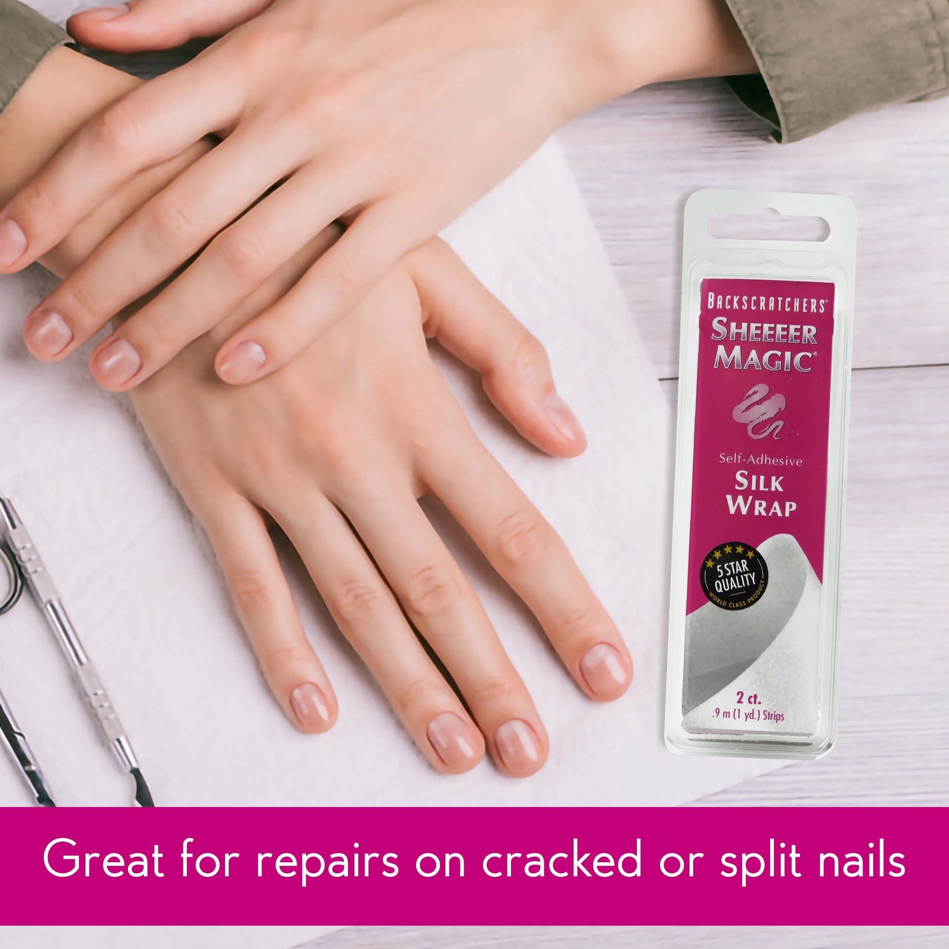 Flawless finished manicure overlay achieved using Backscratchers imported silk wrap reinforcement
