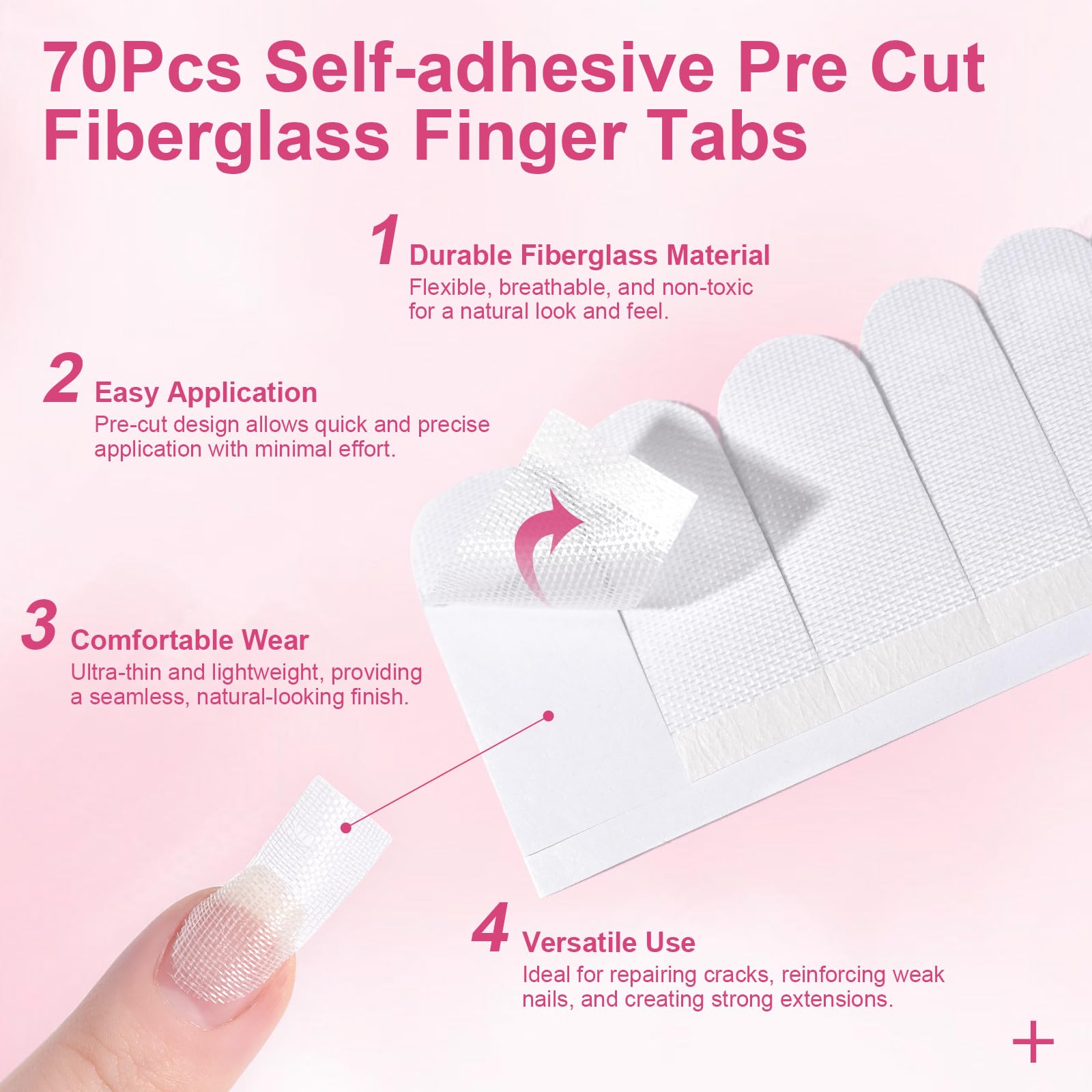 Close up view of pre-cut fibreglass nail repair tabs on sheet