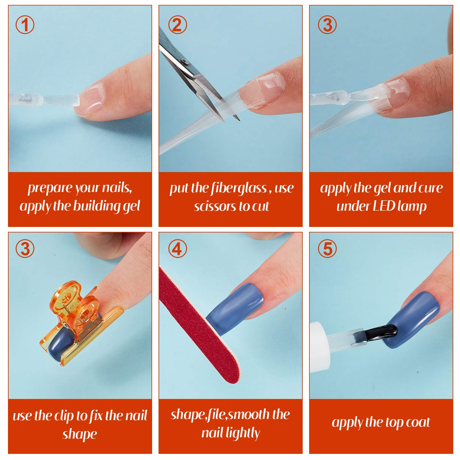 Multi-colored plastic nail pinching clips included in the Blulu extension set used for securing artificial tips.