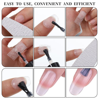 Fiberglass nail extension wraps being applied to natural nails
