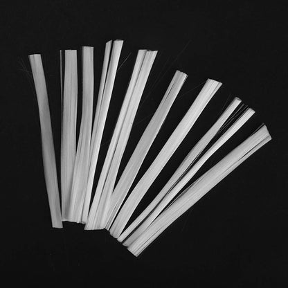 Close up view of the easy to apply premium glass fibers being trimmed for custom artificial nail shapes.