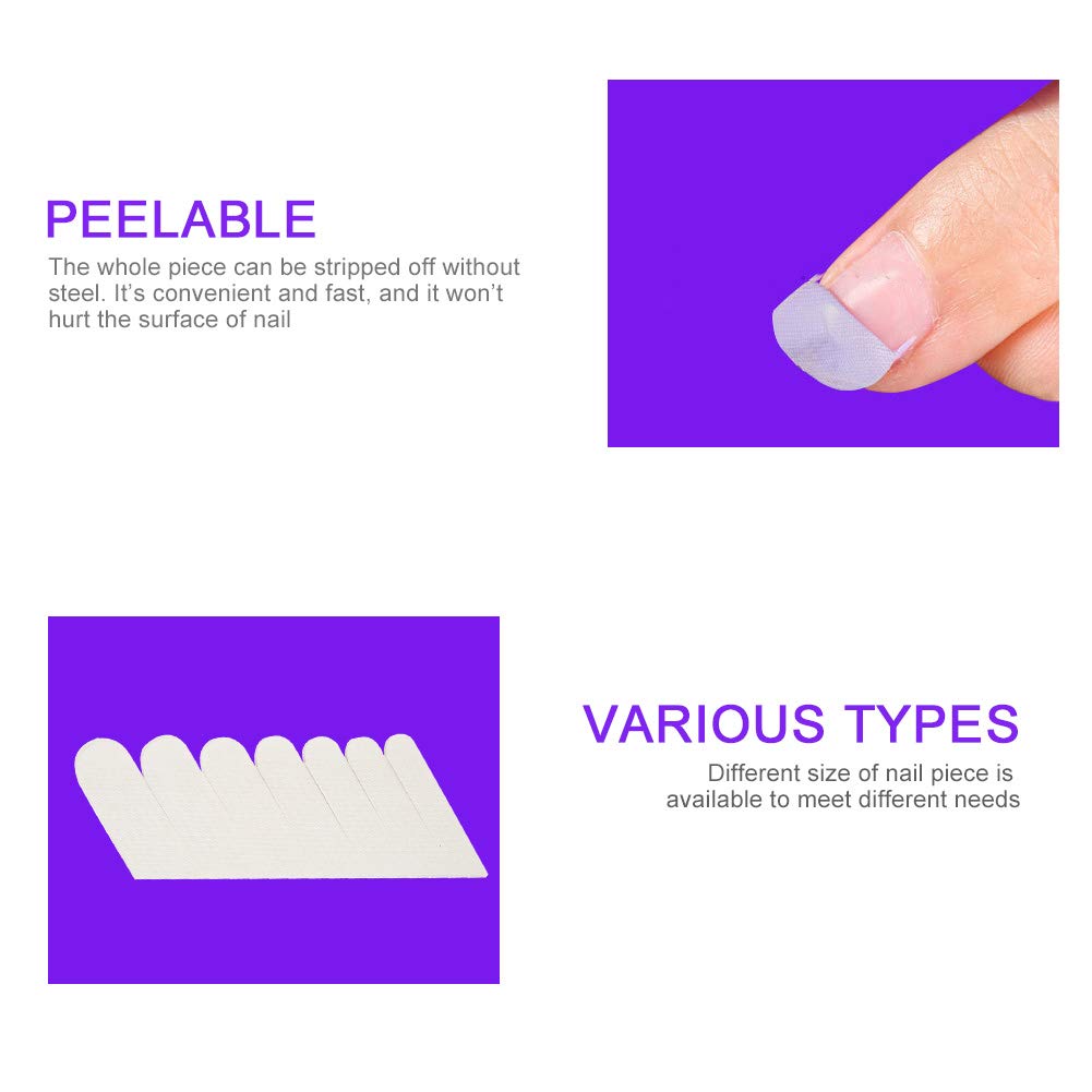 Six pieces of pre-cut fiberglass silk nail repair strips showing the adhesive backing for home nail extensions.