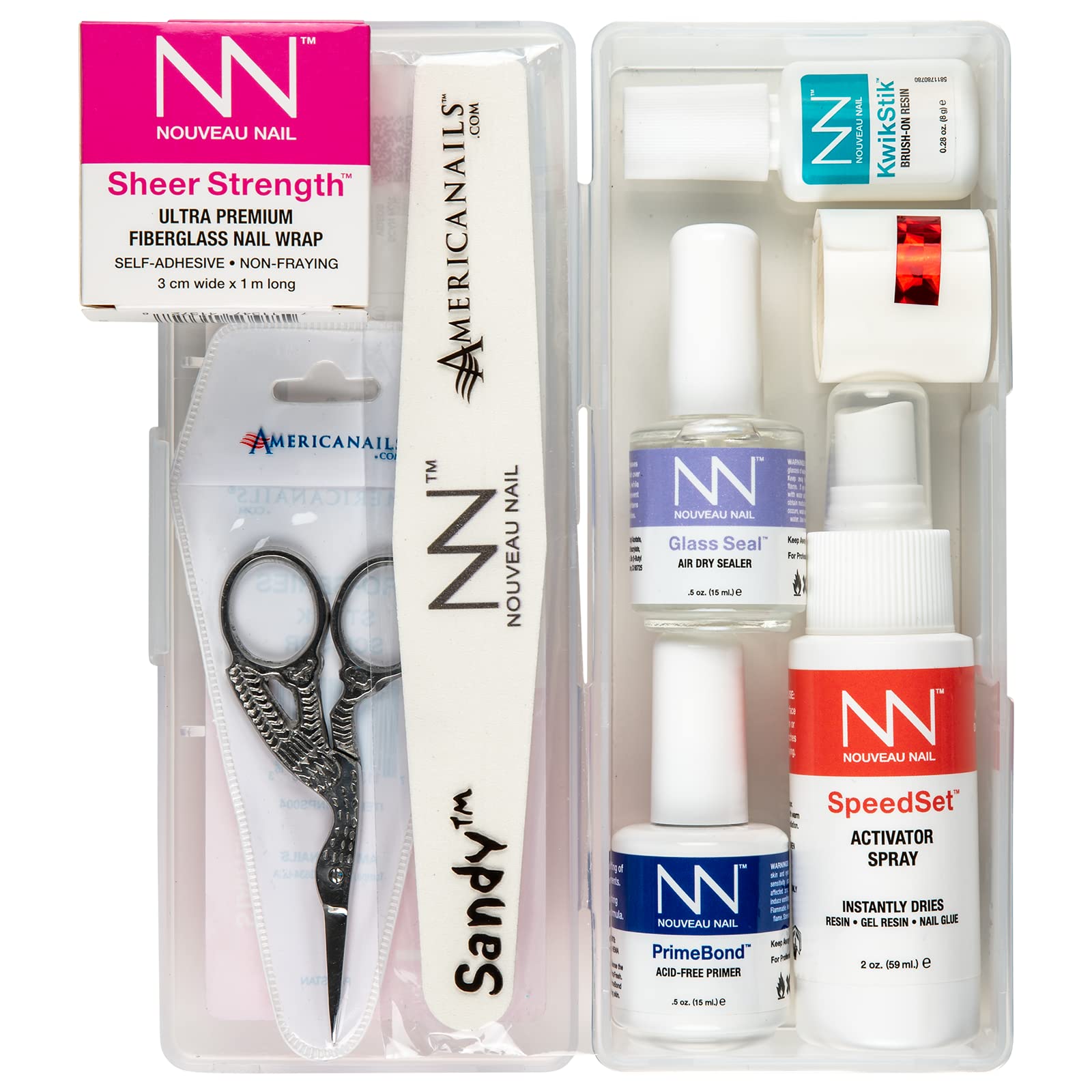 Authentic USA imported Nouveau Nail fiberglass wrap system elements including resin and mesh overlays for nail reinforcement