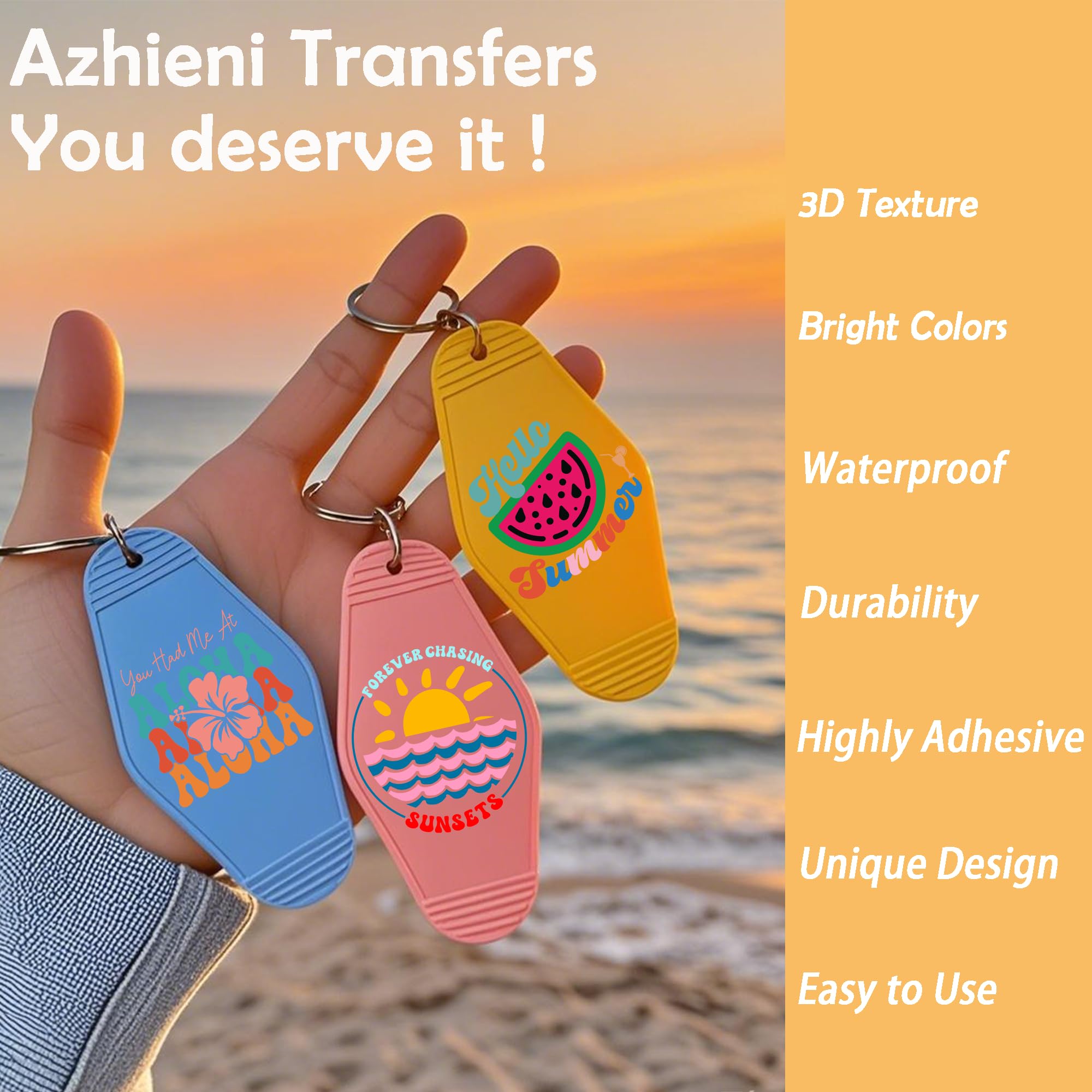 Motel keychains customized with summer vibe UV DTF transfers