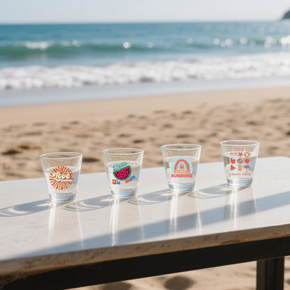 Detailed view of beach themed stickers on a flat surface