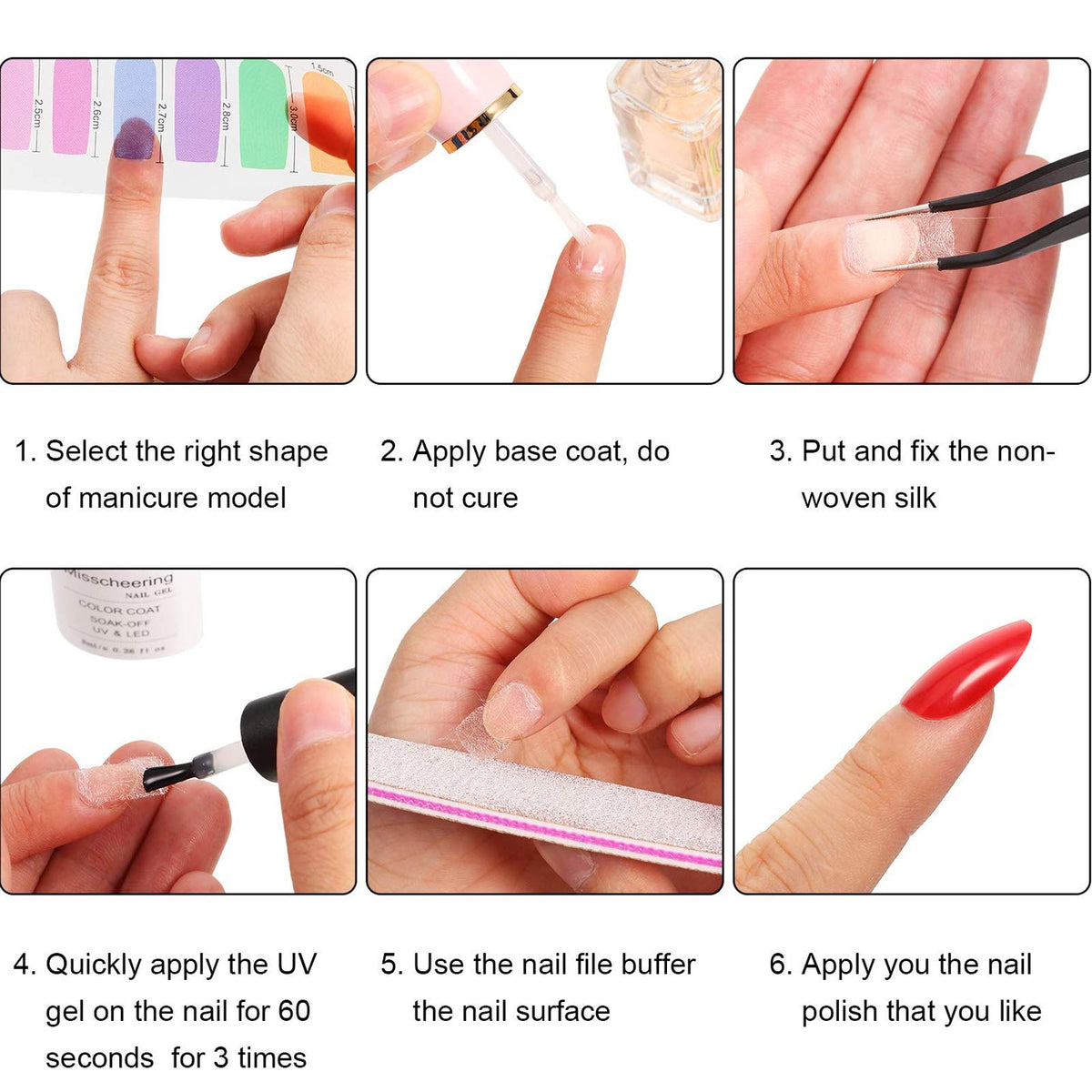 Detailed view of the six nail shape templates included in the set
