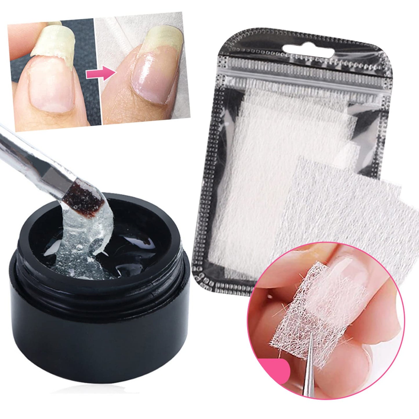 Transparent nail clip holding fiber extension in place under LED lamp